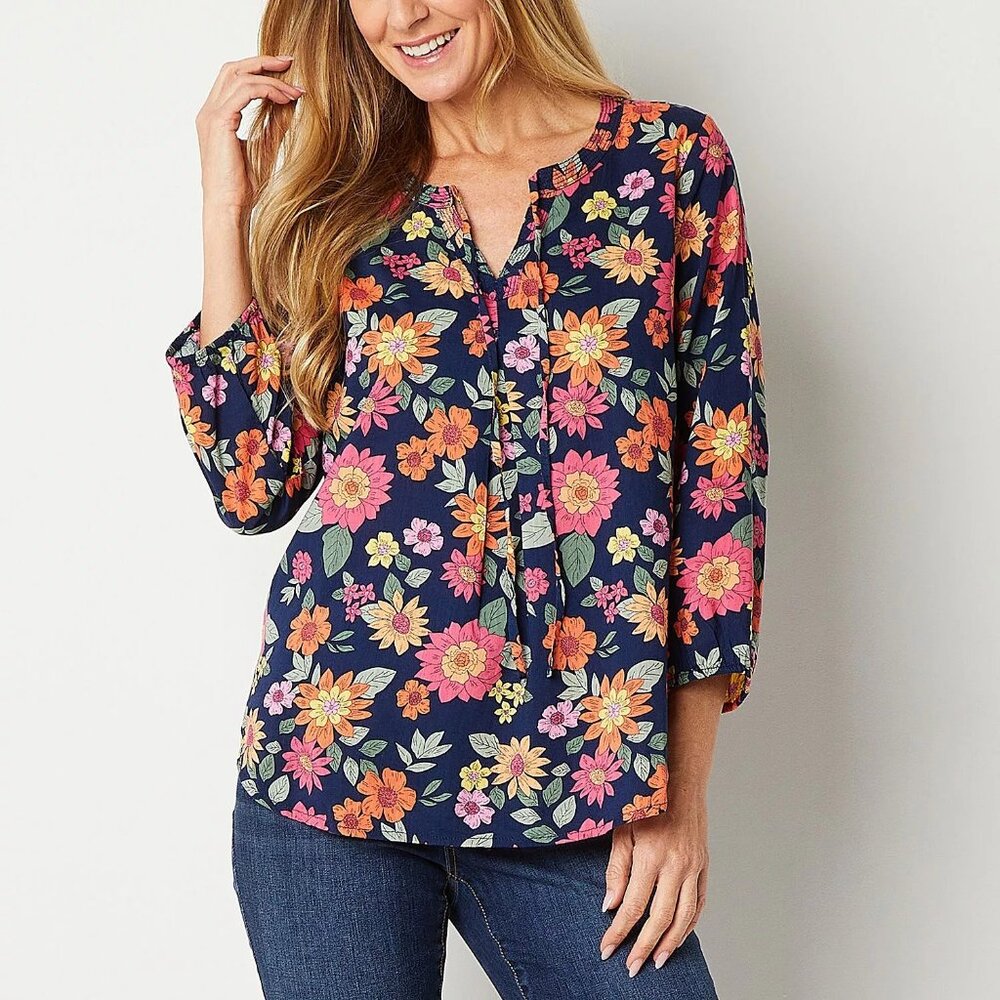 St John's Bay Dark Navy Blue Floral 3/4 Sleeve Top Petite Large NWOT